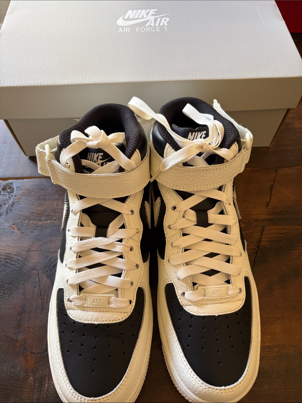 Nike Black and White Air Force 1 High Top Ankle Boots